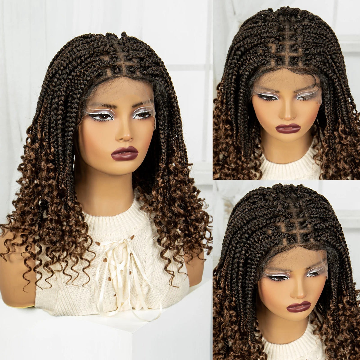 Full Lace Braided Lace Wigs Synthetic Knotless Box Braided Lace Wig with Curly Ends for Black Women Kinky Curly Braided Bob Wig Luxegan