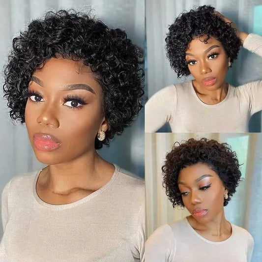 Short Curly Pixie Cut Transparent Lace Frontal Human Hair Wig - 13x4 Frontal & 13x1 T-Part Glueless Wig - 100% Brazilian Remy Human Hair #1B Natural Black Pre-Plucked Wig for Black Women (Fast Express Shipping) Luxegan