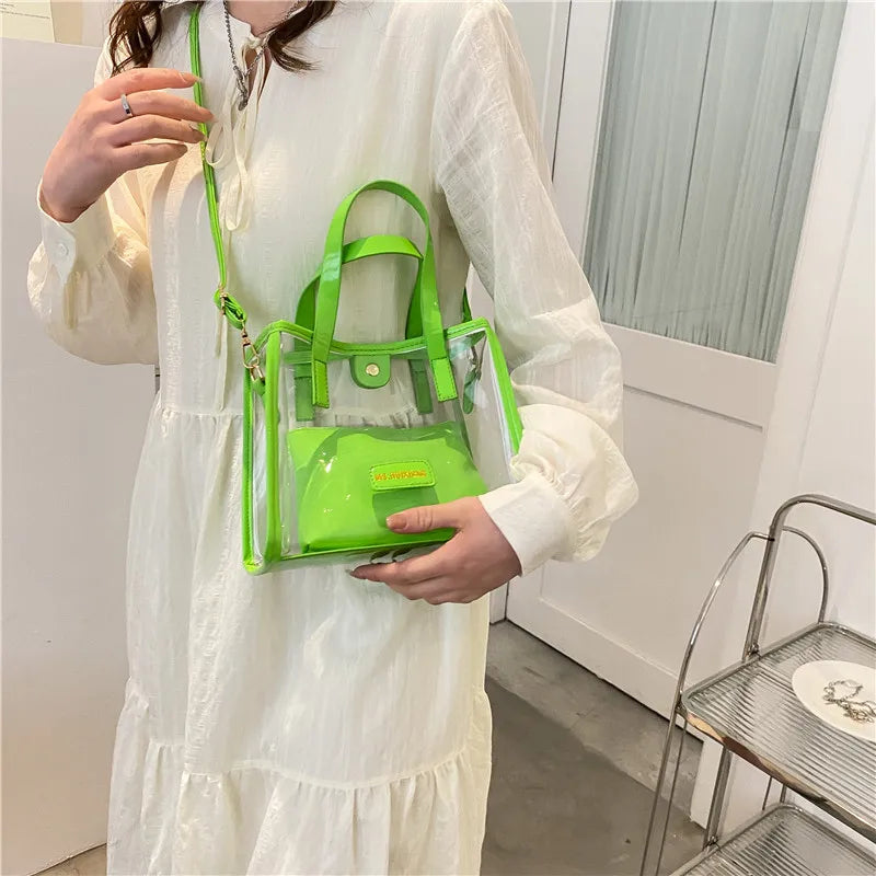 Trendy Stylish Transparent "Mother-Law" Tote Bag | Waterproof & Sandproof PVC Beach Bag | Fashionable Women’s Clear Shoulder Bag with Hasp Closure Luxegan