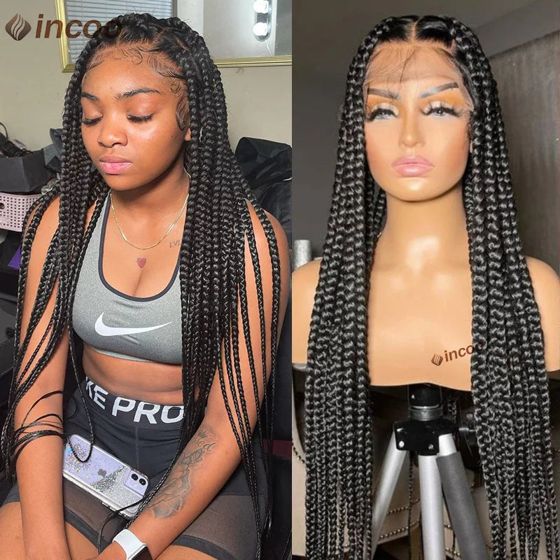 Synthetic Large Box Braided Wigs Jumbo Knotless Full Lace Front Wigs For Black Women Jumbo Tribal Braids Faux Locs Cornrows Wig Luxegan