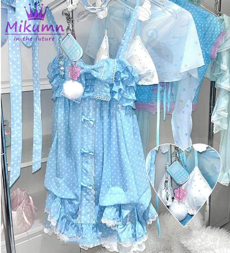 Polka Dot Bow Spaghetti Strap A-Line Mini Dress | Y2K Harajuku Kawaii Gothic Japanese Summer Dress Luxegan