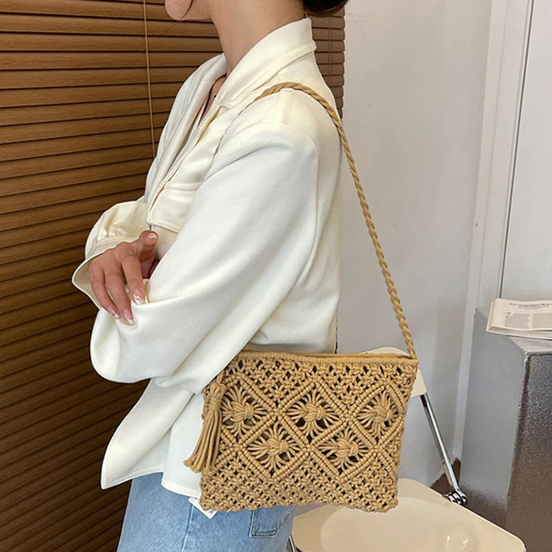 Summer Hollow-Knit Straw Bag | Sophisticated Tassel-Decorated Shoulder Messenger | Elegant Beach Travel Crossbody | "Dignified" Soft Cotton-Rope Pouch for Versatile Vacation Styling Luxegan