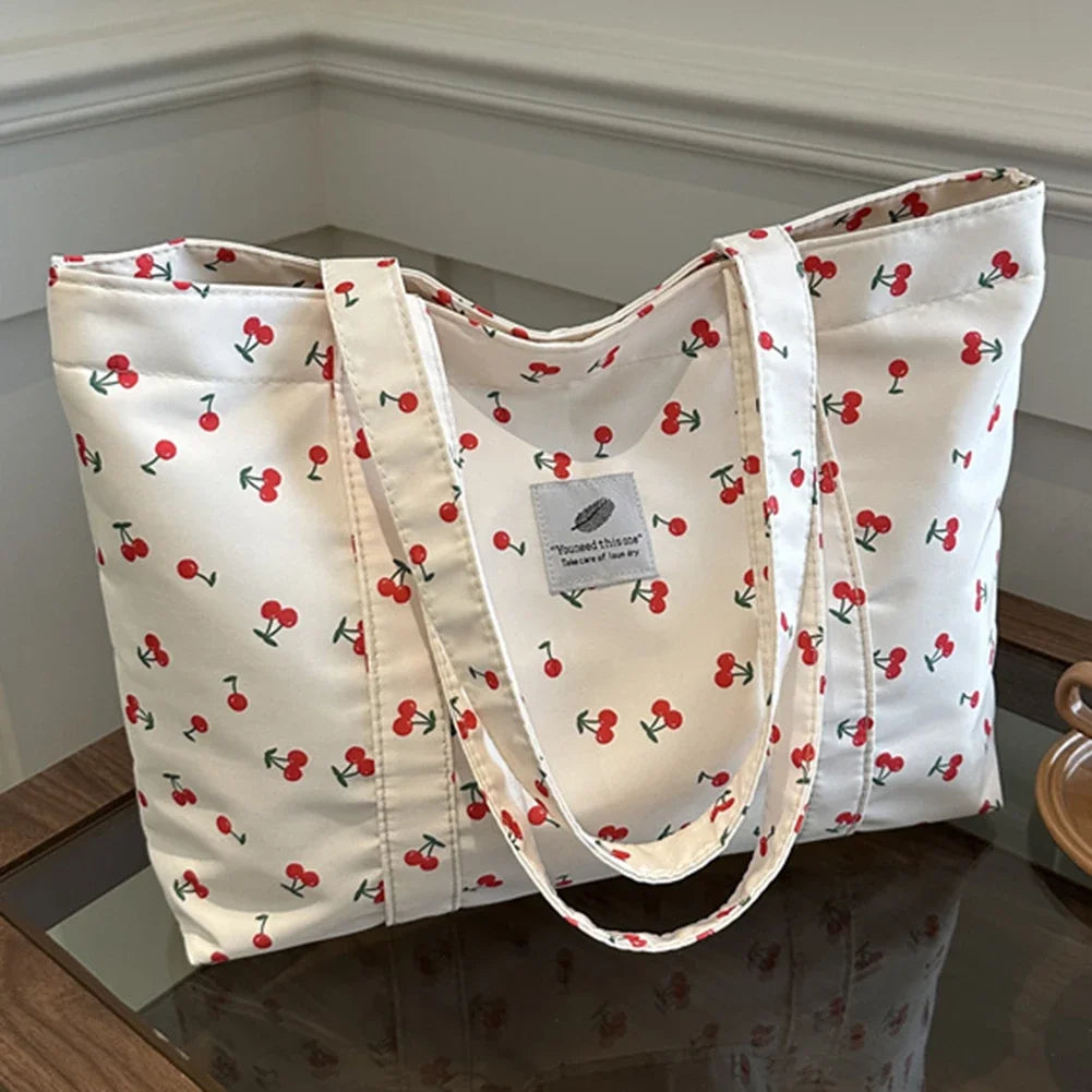 Cute Cherry & Strawberry Print Casual Tote | Sophisticated Large Capacity Nylon Shopping Bag | Elegant Aesthetic Fruit Pattern Handbag | Fashion-Forward Grocery Bag for Women with "Dignified" Soft Finish Luxegan