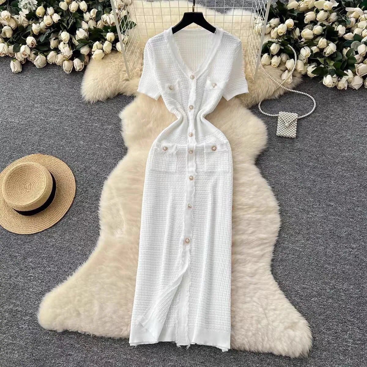 V-Neck Short Sleeve Tassel Striped Knit Pencil Midi Dress | Slim Fit Elegant Office Lady Summer Dress Luxegan