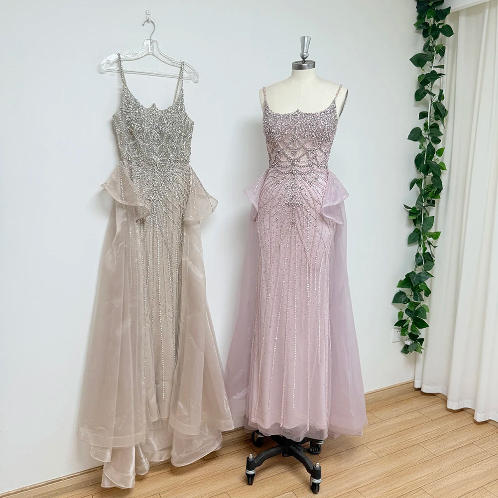 Luxury Beaded Mermaid Evening Dress with Detachable Overlay | Spaghetti-Strap Sweetheart Prom Gown | Crystal Sequined Floor-Length Formal Wedding Party Dress Luxegan