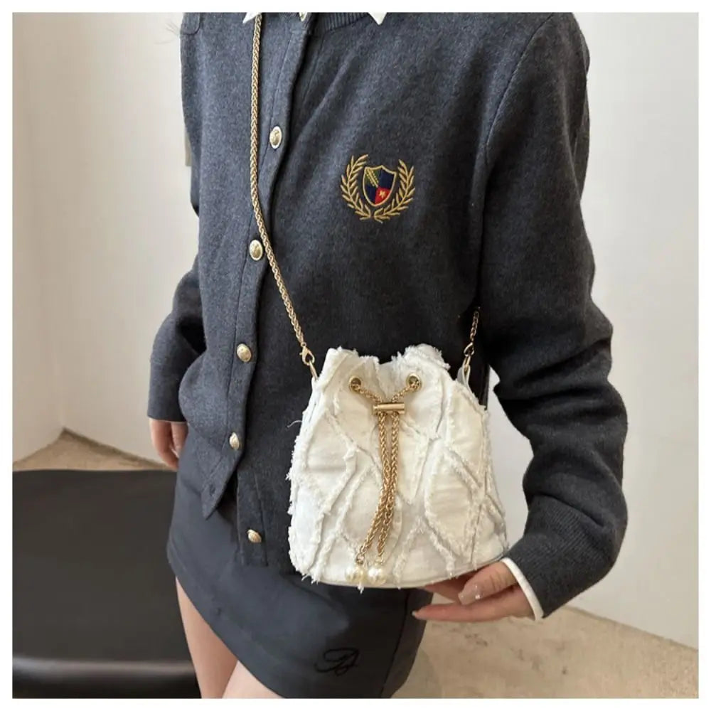 Portable Pearl Denim Bucket Bag | Chain Small Purse Tassel Denim Crossbody Bag | Korean Style Handbag Cloth Shoulder Bag (Casual Tote) Luxegan