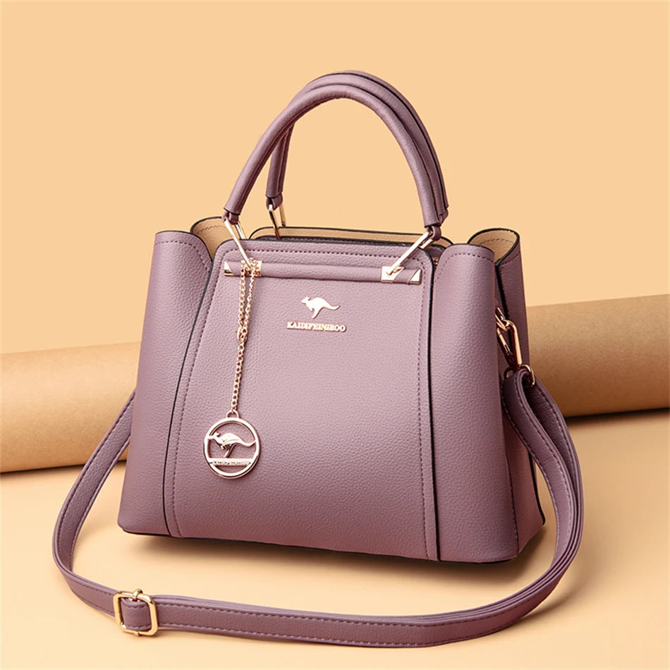Luxury Women’s Designer 3-Layer Shoulder Bag | Large Capacity Microfiber Leather Crossbody | Sophisticated Shopper Tote with Kangaroo Logo & Pendant | Fashion-Forward Multi-Compartment Messenger Luxegan