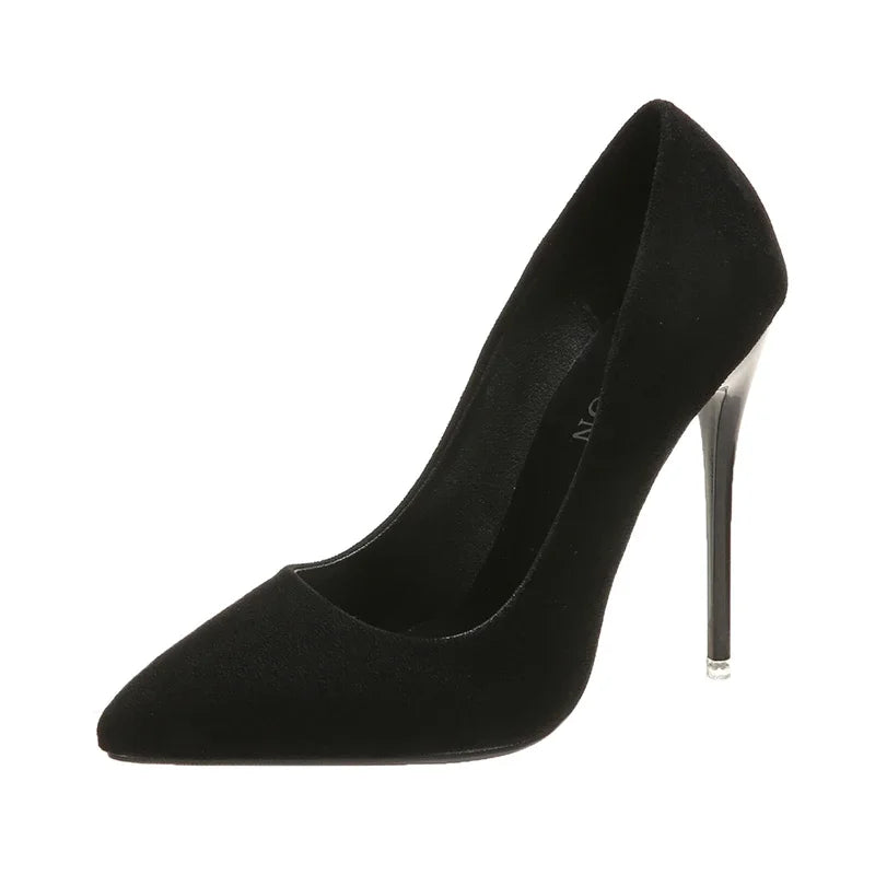 Concise Flock Stiletto Pumps | Sophisticated 11.5cm Pointed Toe High Heels | Elegant "Big Size" 35–45 Wedding Shoes | "Dignified" Classic Red & Gray Office Pumps for Radiant Versatile Styling Luxegan