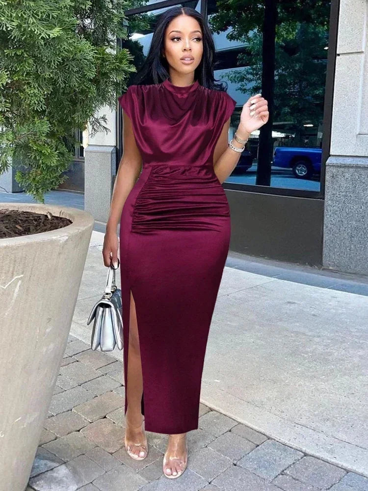 Satin Turtleneck Bodycon Dress – Cap Sleeve, Fold Detail, Ankle-Length, Empire Waist Luxegan