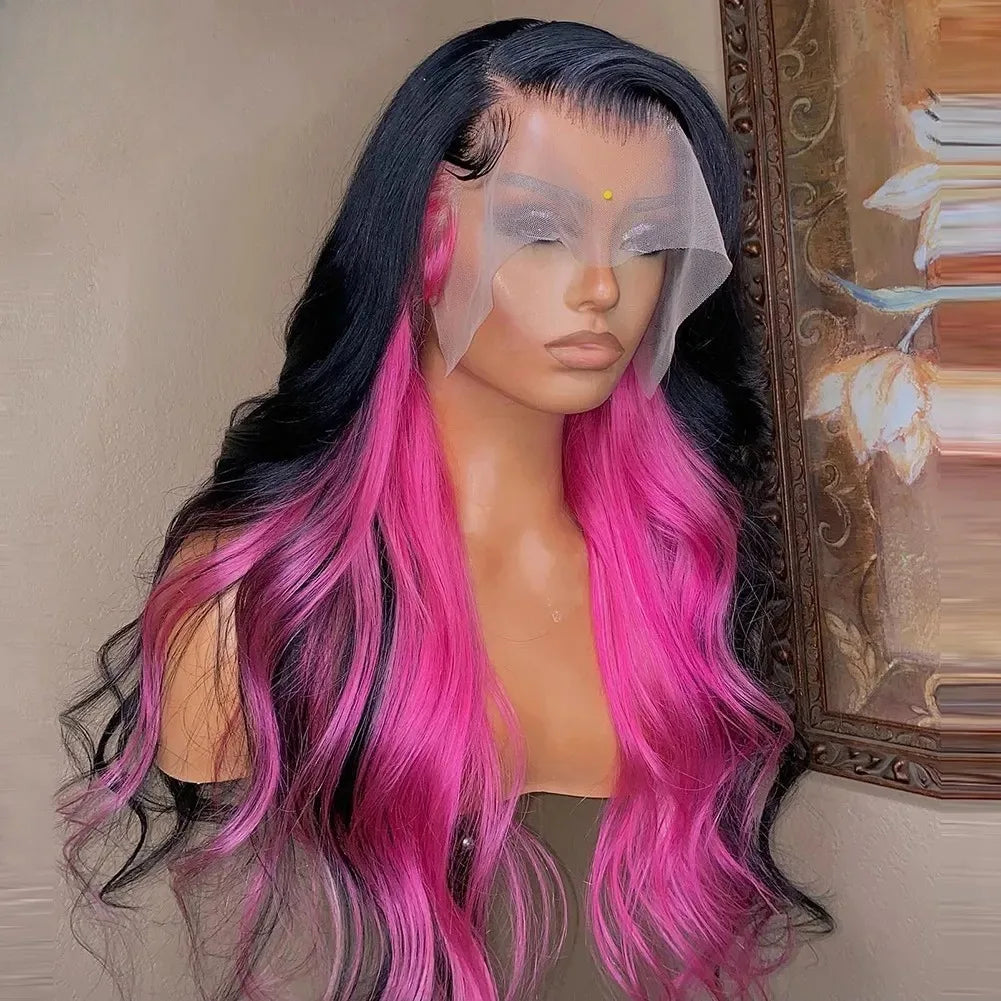 Black and Pink Highlight Body Wave Wig | Sophisticated 13x4 HD Transparent Lace Frontal | Elegant High-Temperature Fiber Glamour | "Dignified" 18–32 Inch Pre-Plucked Glueless Wig for Radiant Versatile Styling Luxegan