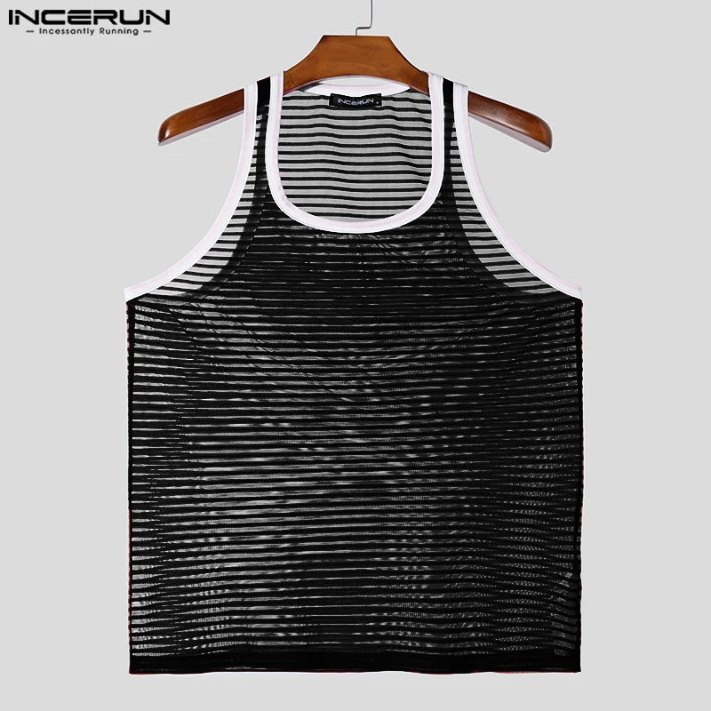 Camisetas informales de moda INCERUN nuevas camisetas sin mangas a rayas transparentes y sexys para hombre, chalecos finos ajustados para discoteca masculina