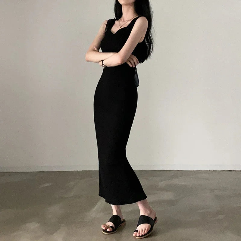 Women's Basic Knit Square Collar Midi Dress | Korean Fashion Sleeveless Tank Dress | Summer Casual Y2K Vintage Bodycon Outfit | High Stretch Slim Fit Sheath Vestido Model CBMGD26761 Luxegan