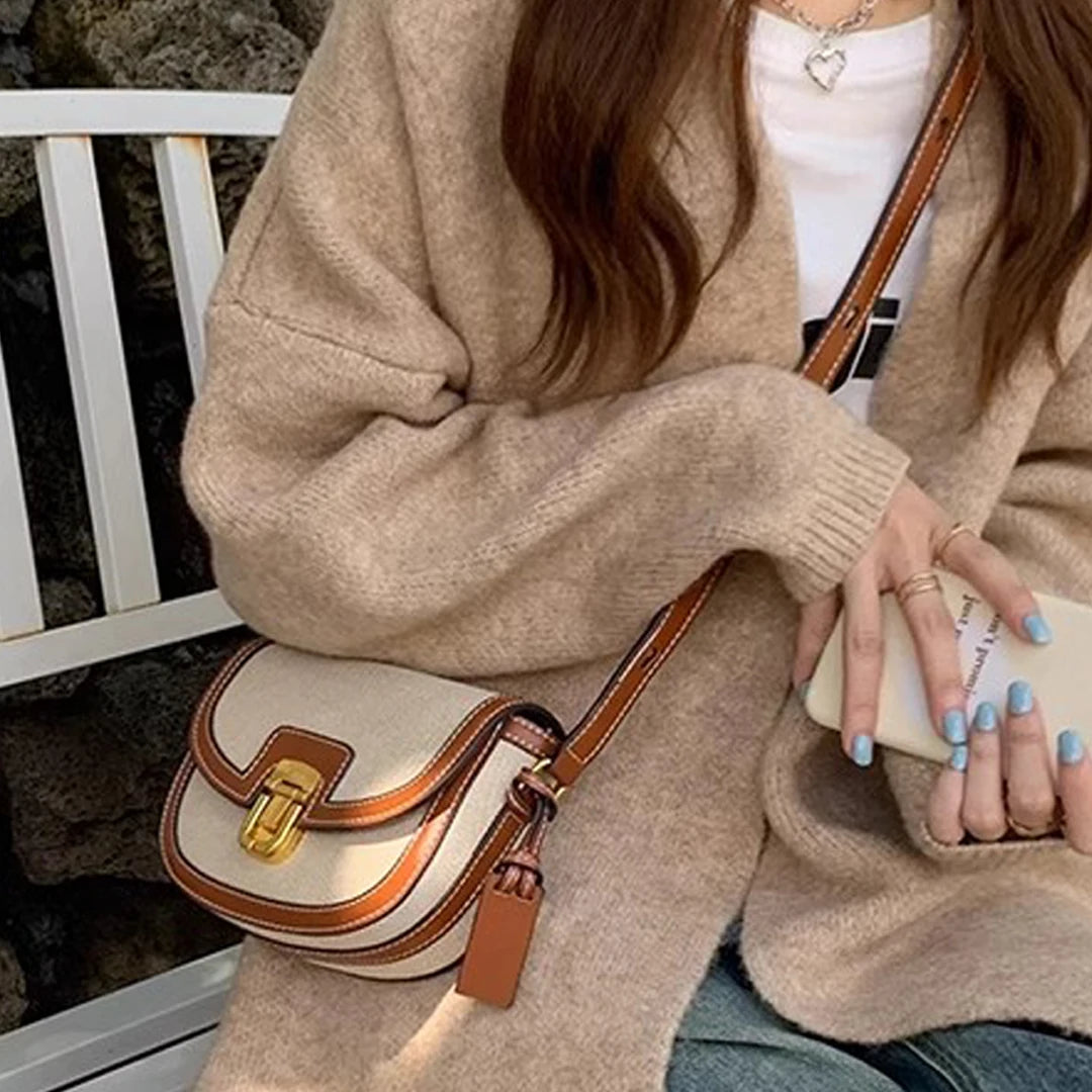 Retro Canvas Patchwork Crossbody Bag | Contrasting Color Saddle Bag