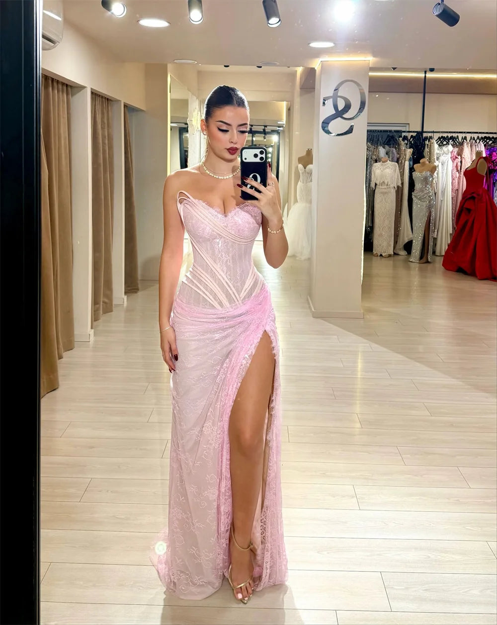 Cathy Customized Pink Floral Lace Mermaid Prom Dress Side High Slit Sleeveless vestidos de noiva Floor-length Evening Dresses