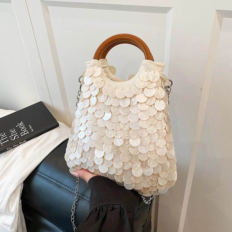 Luxury Woven Seashell Shoulder Bag | Sophisticated "Mermaid Style" Silhouette | Elegant Fairy Beaded Crossbody | "Dignified" High-Performance Embroidered Bead Essential for Radiant Versatile Styling Luxegan