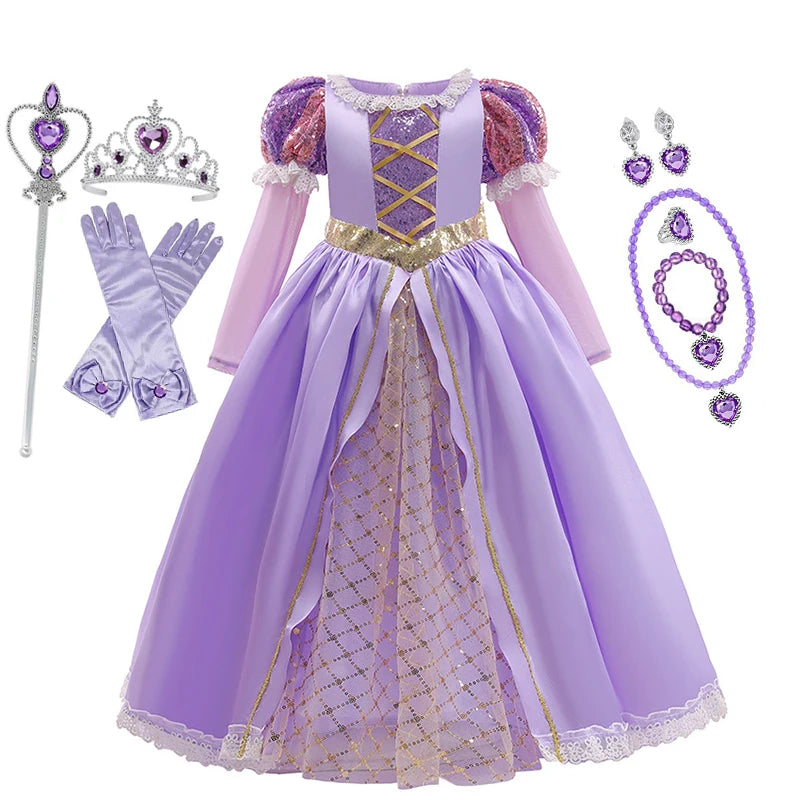 Girls' Rapunzel Princess Costume Dress | Kids Tangled Cosplay Carnival Disguise Gown | Short-Sleeve Ankle-Length Birthday Party Outfit for 2-10 Years Luxegan
