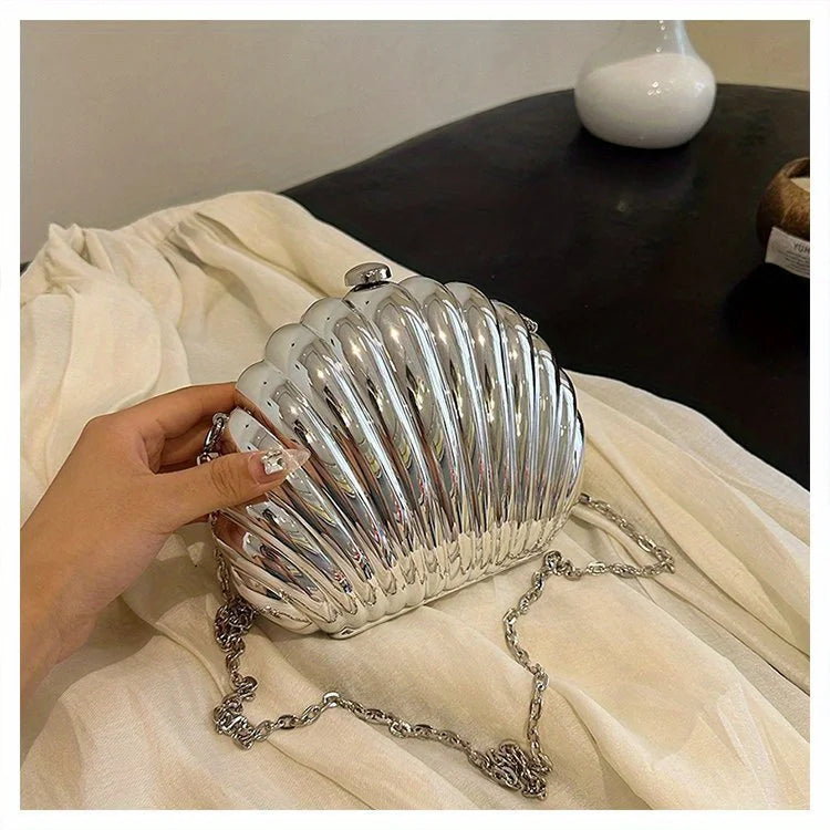 Y2K Retro Shell Clutch | Mini Crossbody with Metallic Finish Luxegan