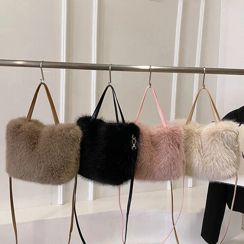Faux Fur Tote Bag Women's | Bucket Plush Luxury Design Ladies Handbags & Soft Winter Crossbody Shoulder Bags (Bolsa Feminina) Luxegan