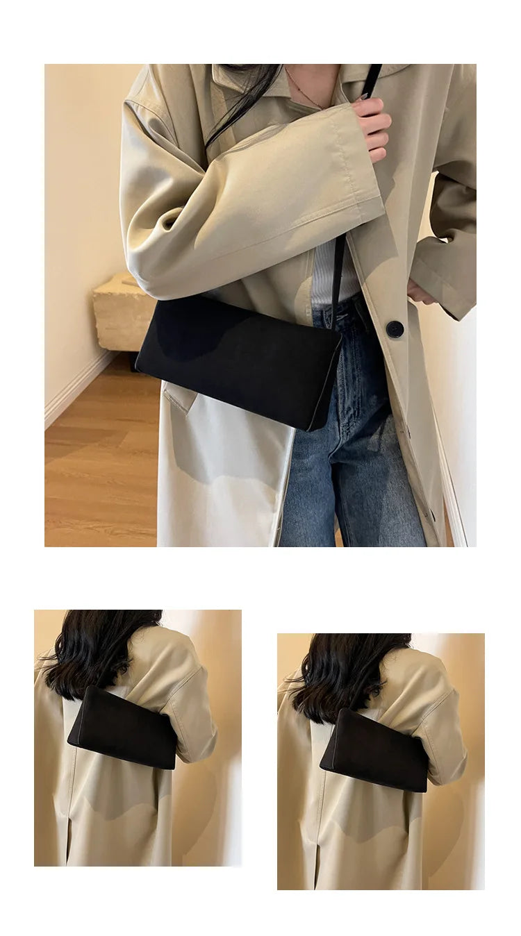 Faux Suede Solid Square Bag | Elegant French Vintage Underarm Handbag Luxegan