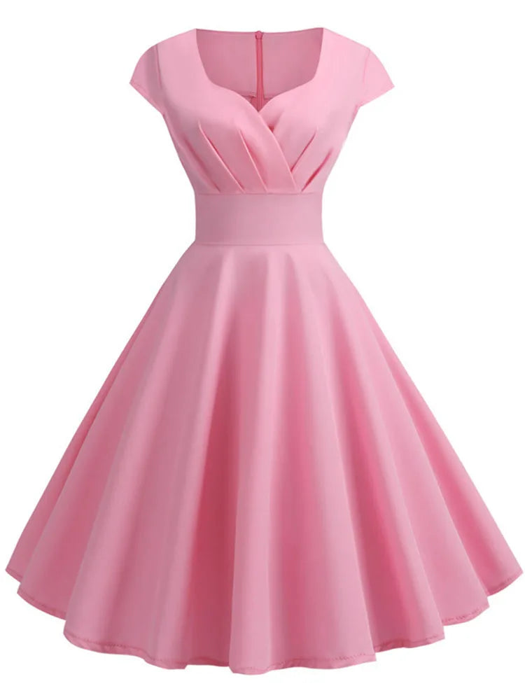 Women's Hepburn Vintage Rockabilly Pin-Up Dress | Elegant Retro Casual Party Midi Dress | Classic V-Neck Short Sleeve Sundress | Premium Tatting Slight Stretch Slim Fit A-Line Vestido Model WQ1307 Luxegan