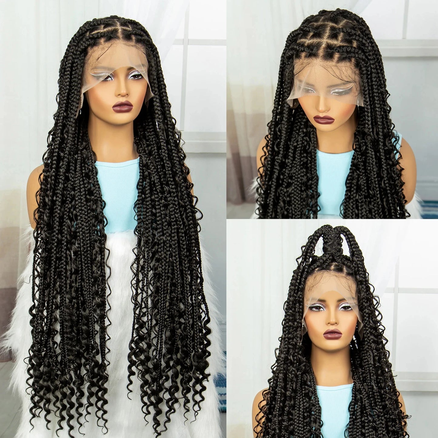 36 Inch Boho Knotless Box Braids Full Lace Wig | Transparent Lace Synthetic Braided Wig with Curly Ends Luxegan