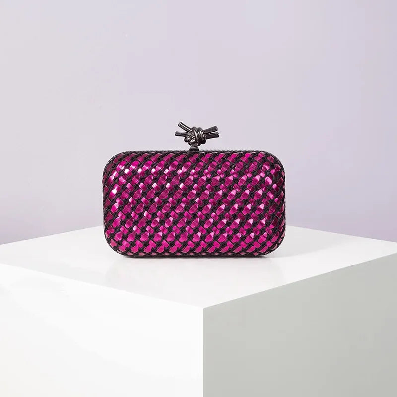 Woven Contrast Color Evening Clutch | Sophisticated Microfiber Thread Braid Handbag | Elegant Classic Chain Small Square Bag | "Dignified" Hard-Shell Woven Purse for Formal Party Styling Luxegan
