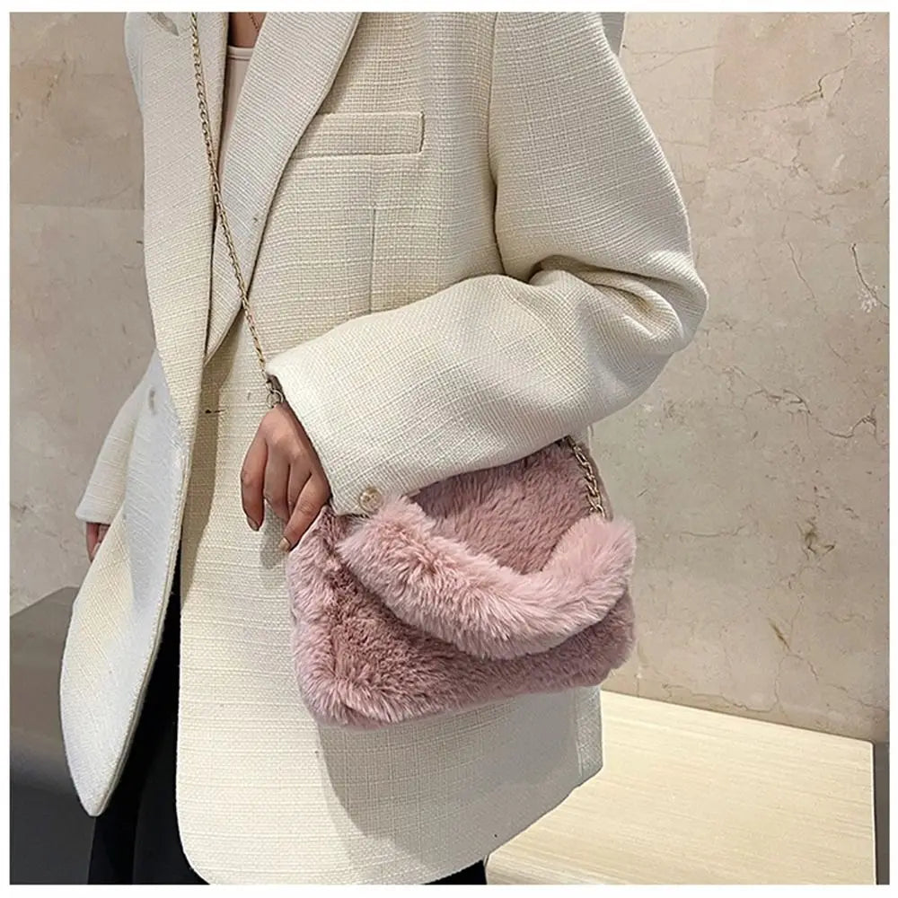 Fashion Women’s Fluffy Shoulder Bag | Sophisticated Winter Plush Underarm Bag | Elegant Solid Color Handbag with Chain Detail | Soft Handle Bag for Parties and Social Events Luxegan