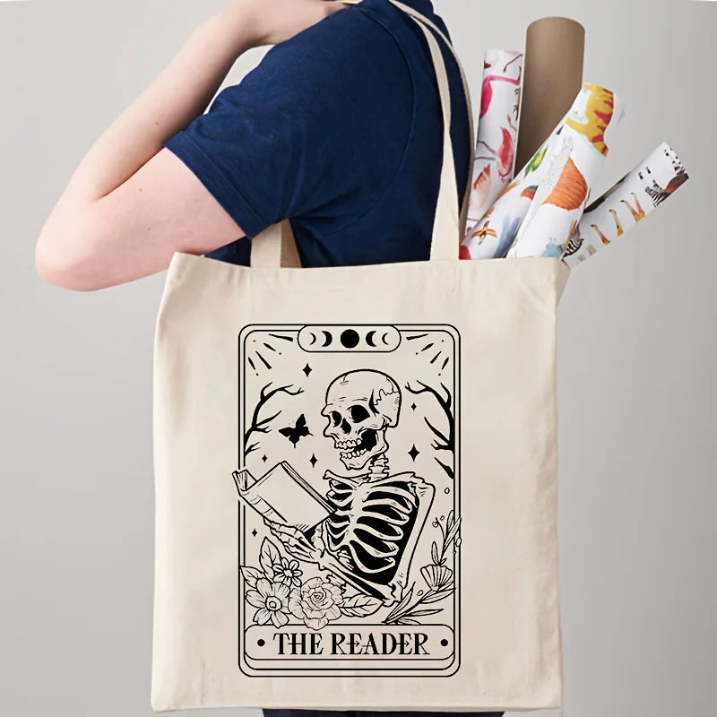 The Reader Pattern Tote Canvas Bag | Shopping Shoulder Bags Cloth Friend Shopping Bag | Large Minimalist Handbag Skull Decoration