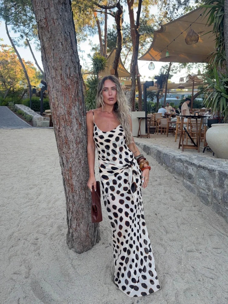 Animal Print Maxi Dress | Deep V-Neck Spaghetti Strap Waist Tie Slit Evening Dress Luxegan