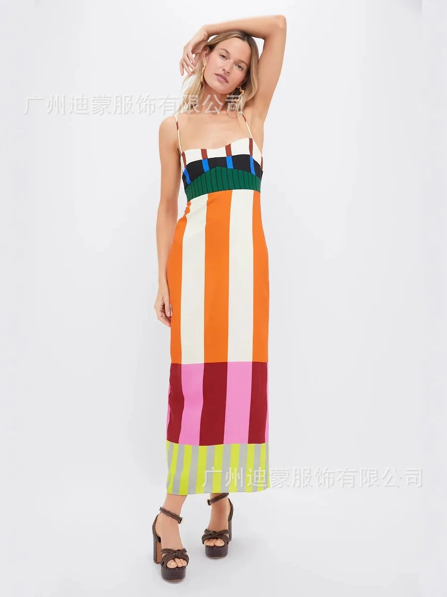 Patchwork Beach Style Square Neck Sleeveless Spaghetti Strap Slim Sheath Mid-Calf Dress – High-Stretch Polyester, Empire Waist, Summer Luxegan