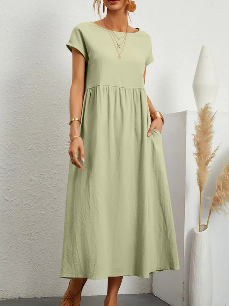 Women's Elegant Solid Maxi Dress | Vintage Harajuku Cotton Linen Long Dress | Summer Short Sleeve O-Neck Loose Sundress | Premium Y2K Minimalist Pocketed A-Line Luxegan