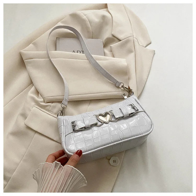 Women's Y2K Peach Heart Butt Leather Handbag | Alligator Pattern Underarm Shoulder Bag with Heart Pin Buckle (Fashion Girls Mini Tote) Luxegan