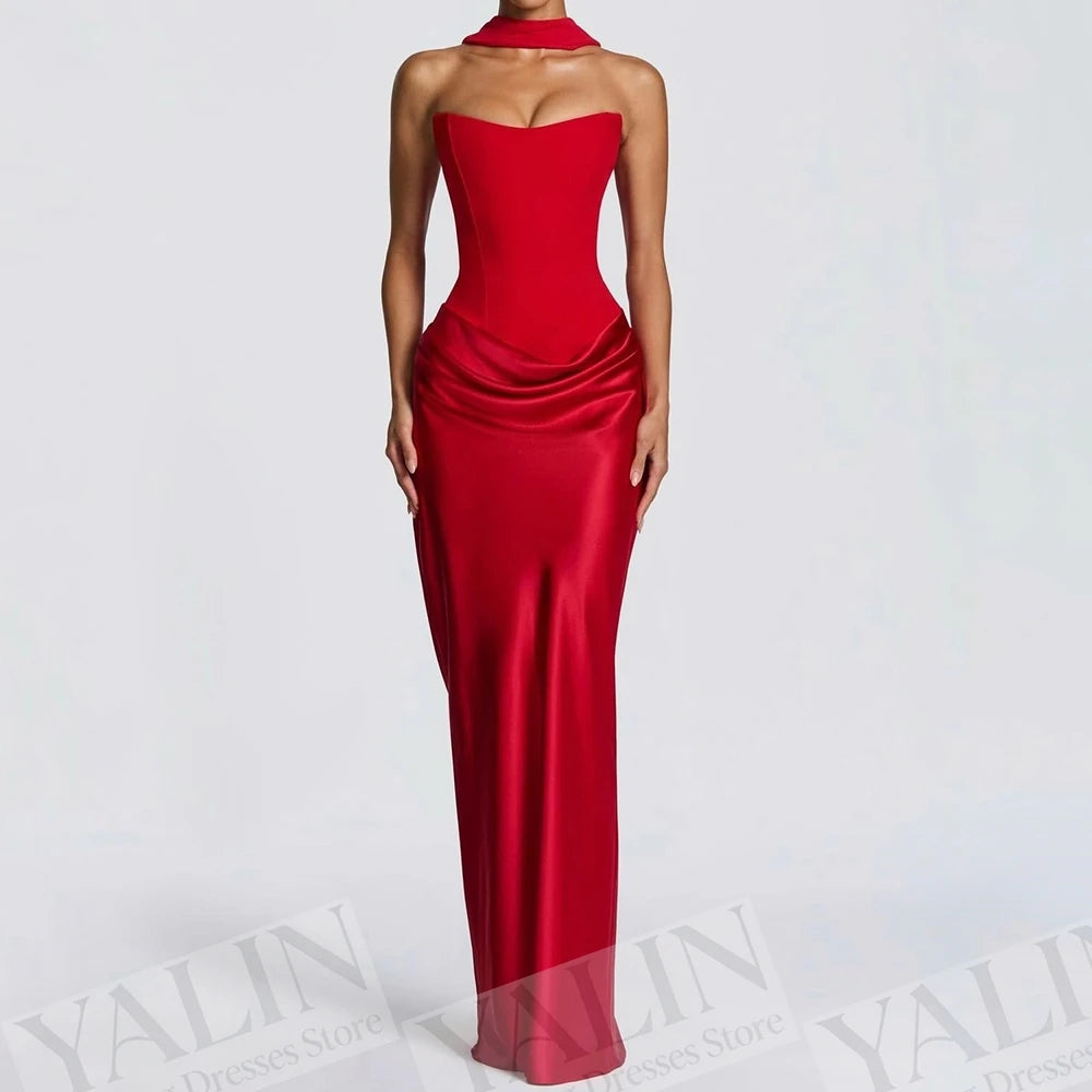 Backless Lace-Up Stole Straight Evening Gown | Strapless Sleeveless Floor-Length Prom Dress Luxegan
