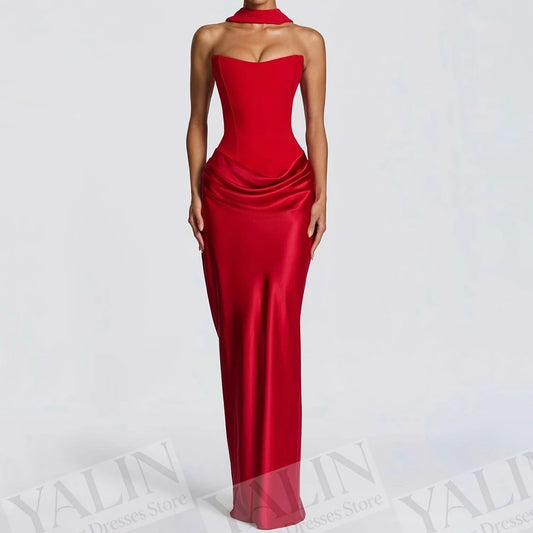 Backless Lace-Up Stole Straight Evening Gown | Strapless Sleeveless Floor-Length Prom Dress Luxegan