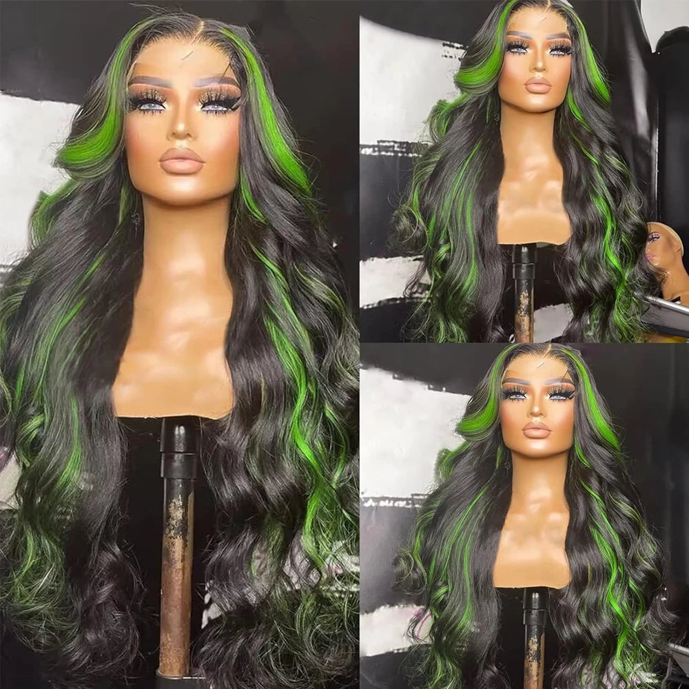 Highlight Green Body Wave Wig | Sophisticated 13x4 HD Lace Frontal | Elegant Ombre "Skunk Stripe" Green High-Temperature Fiber | "Dignified" Pre-Plucked Glueless Wig for Radiant Versatile Styling Luxegan