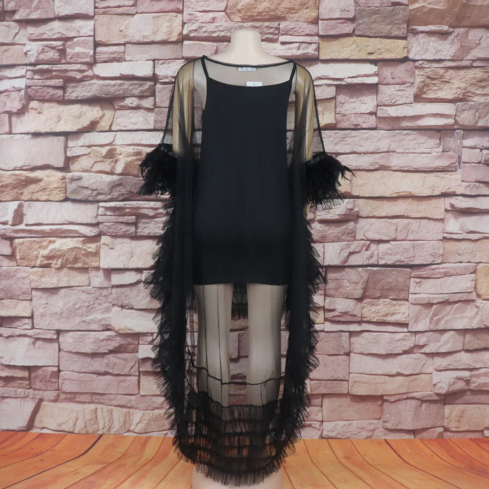 Tulle Feather Patchwork Swan Gown Dress | Maxi Train Cape Elegant Y2K Summer Dress Luxegan