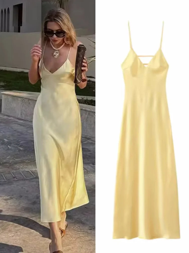 Yellow Satin Sling Maxi Dress for Women | Elegant V-Neck Sleeveless Backless Summer Evening Gown | Premium High-Waist Loose Silhouette Party Robe | Model Yellow Elegant Stain Regular Fit Ankle-Length Luxegan