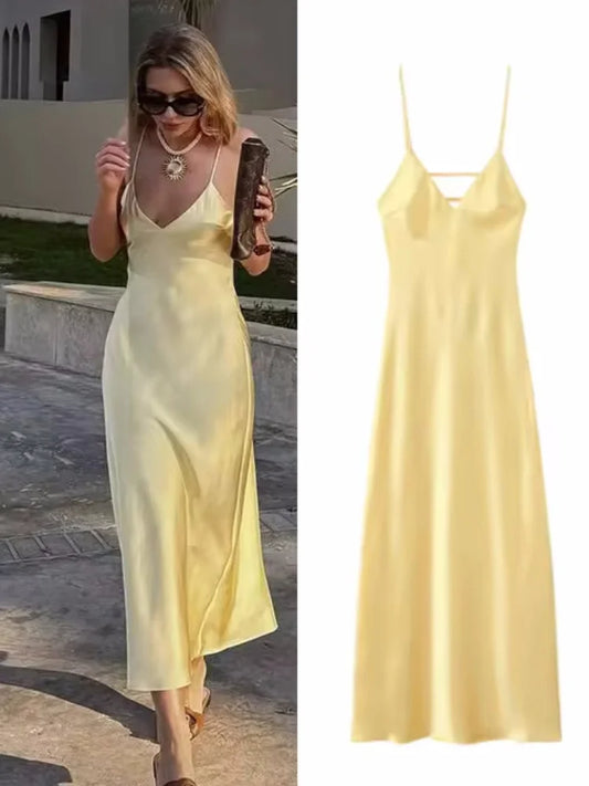 Yellow Satin Sling Maxi Dress for Women | Elegant V-Neck Sleeveless Backless Summer Evening Gown | Premium High-Waist Loose Silhouette Party Robe | Model Yellow Elegant Stain Regular Fit Ankle-Length Luxegan