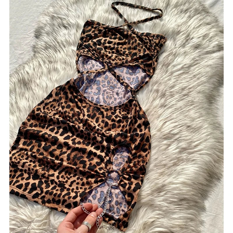 Elegant Leopard Print Mini Dress | Sexy Strapless Sleeveless Summer Holiday Gown | High-Street Hollow Bag Hip Clubwear Dress | Premium Medium Stretch Slim Fit Straight Silhouette Vestido Luxegan