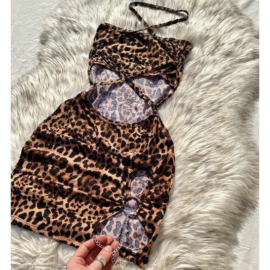 Elegant Leopard Print Mini Dress | Sexy Strapless Sleeveless Summer Holiday Gown | High-Street Hollow Bag Hip Clubwear Dress | Premium Medium Stretch Slim Fit Straight Silhouette Vestido Luxegan