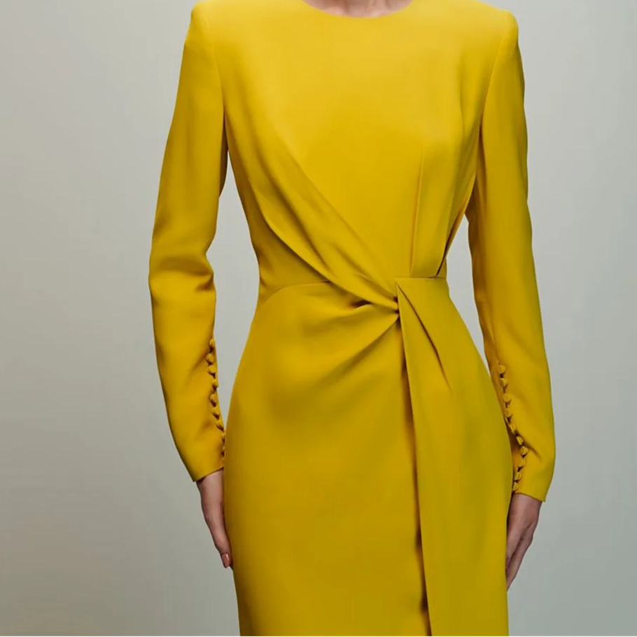 Vivid Yellow Satin Mermaid Prom Dress | Elegant Round-Neck Long-Sleeve Formal Gown | Classic Front-Twist Floor-Length Dress with High Slit and Sweep Train Luxegan