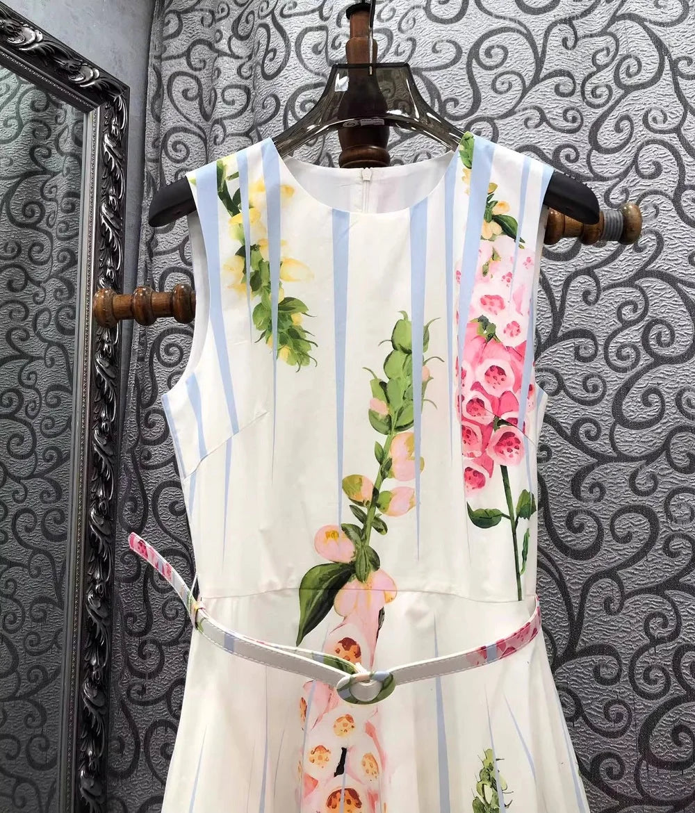 Floral Stripe Print Sleeveless Maxi Dress | A-Line Empire Waist Party Dress with Belt Luxegan