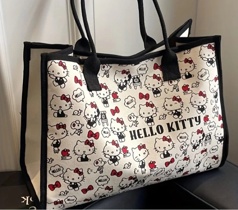Hello Kitty Canvas Handbag | Large Capacity Zipper Shoulder Bag & Weaving Tote Luxegan