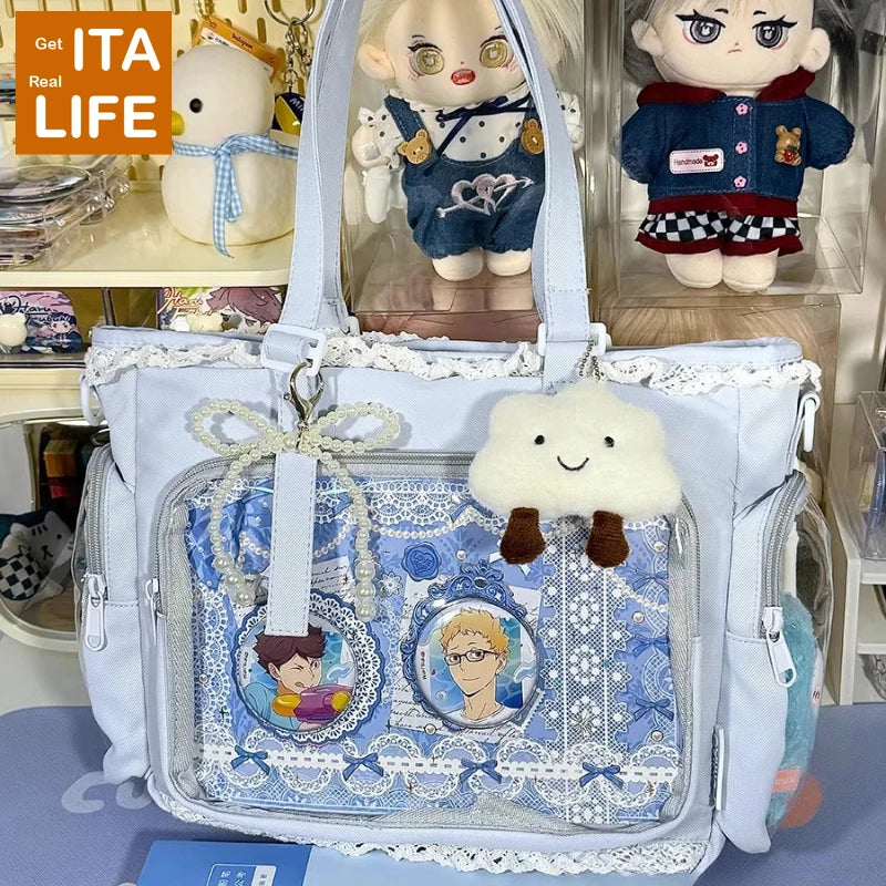 Italife New Women Cute Lace Ita Bag with Pearl Bow | Kawaii Large Tote with Insert for Pin Display | Comic Con Big Handbag Luxegan