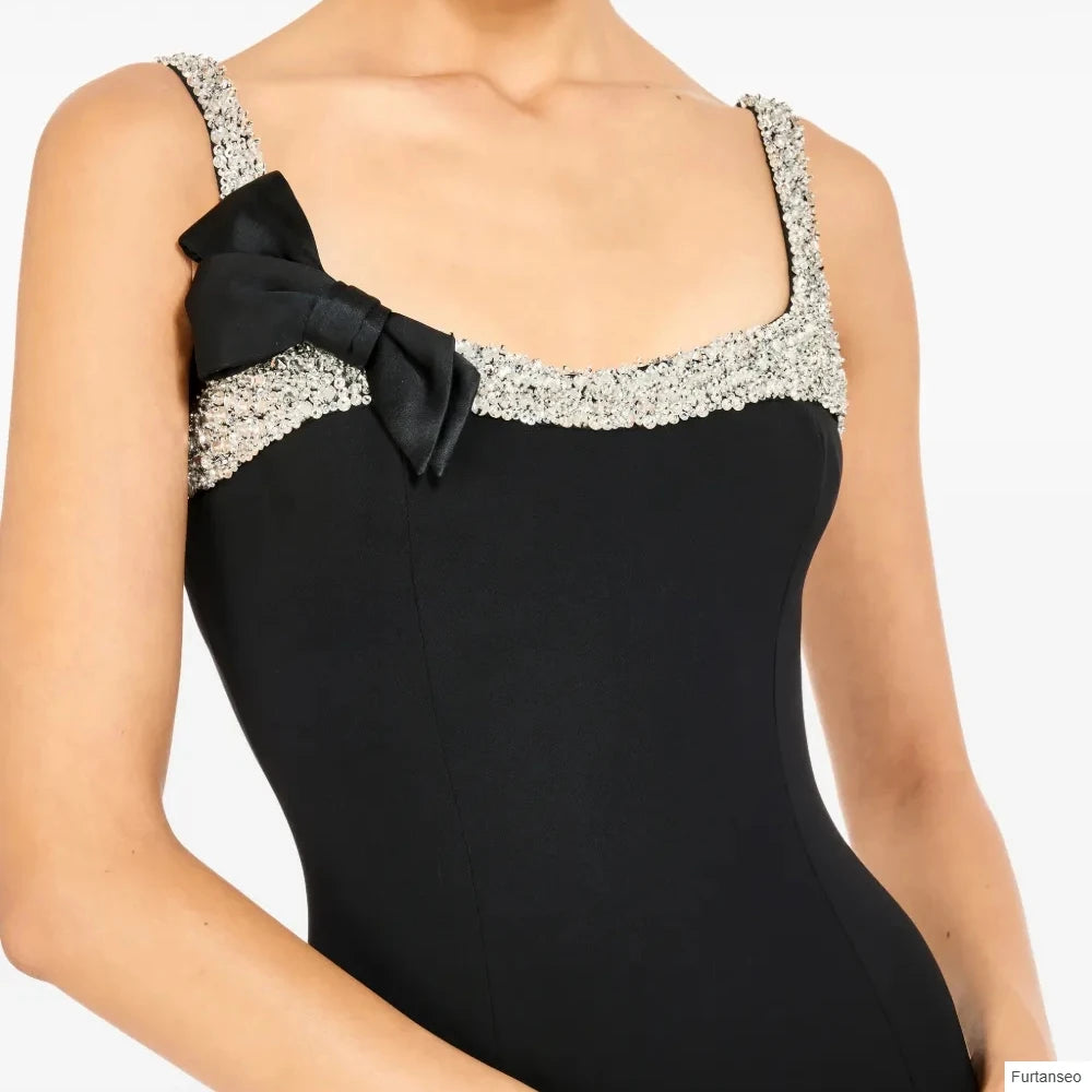 Crystal Bow Straight Prom Gown | Square Collar Sleeveless Backless Tea-Length Dress Luxegan