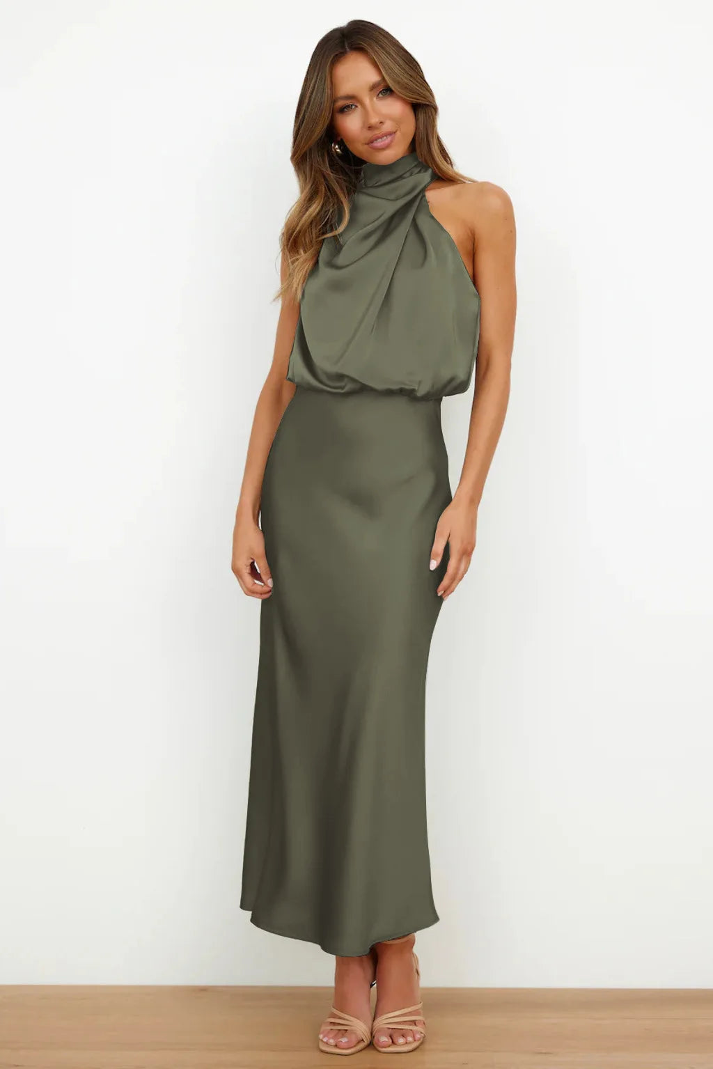 Women's Summer High-End Silk Satin Long Dress | Elegant Celebrity Evening Gown | Luxury Scarf Collar Sleeveless Party Dress | Premium Knit Asymmetrical Slip Maxi Robe Luxegan