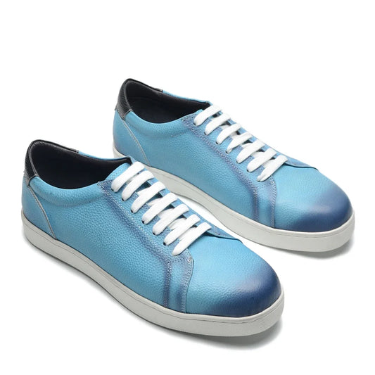 Luxury Designer Men's Genuine Leather Skateboard Shoes | Sky Blue Lace-Up Casual Sneakers (Breathable) Luxegan