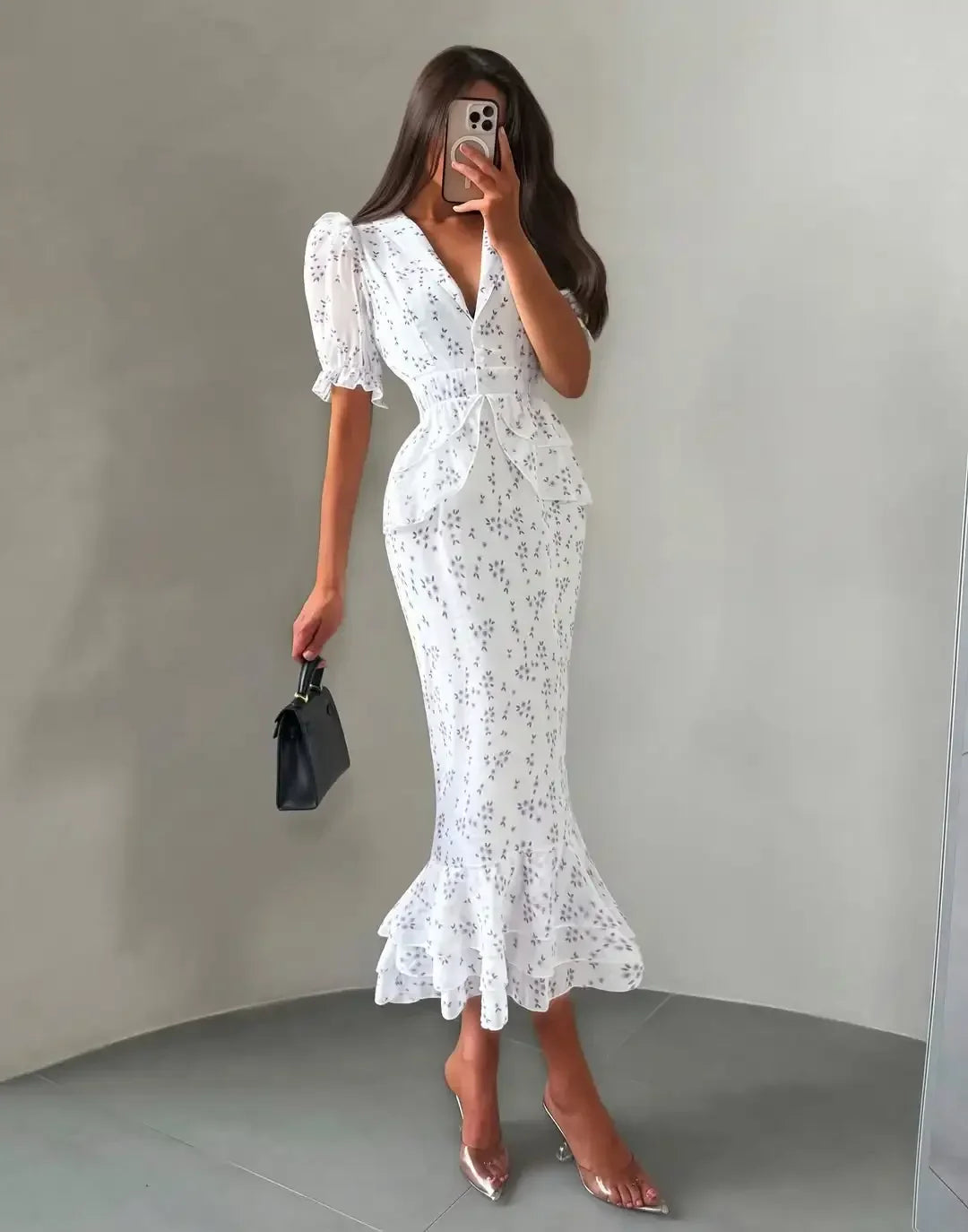Print Lapel V-Neck Short Sleeve Fit-and-Flare Pleated Mid-Calf Dress – Natural Waist, Slight Stretch, Spring/Summer Luxegan