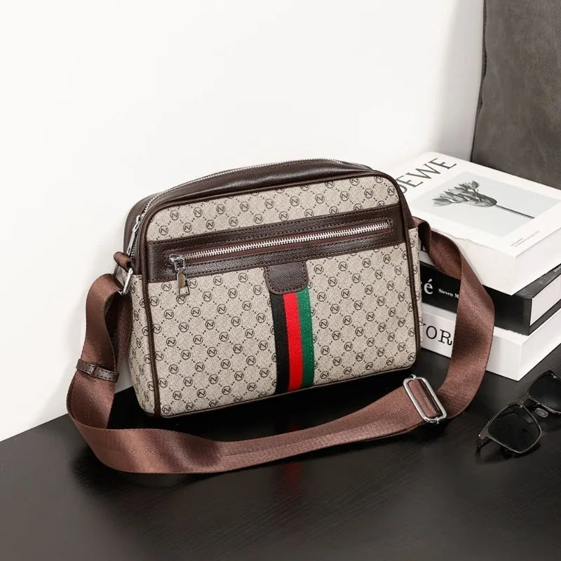 Fashion Men's Luxury Brand Crossbody Bag | Sophisticated Letter Printed Shoulder Messenger Bag | High-End Designer Sling Satchel | Versatile Men’s PU Leather Side Bag with Smart Partitioning Luxegan