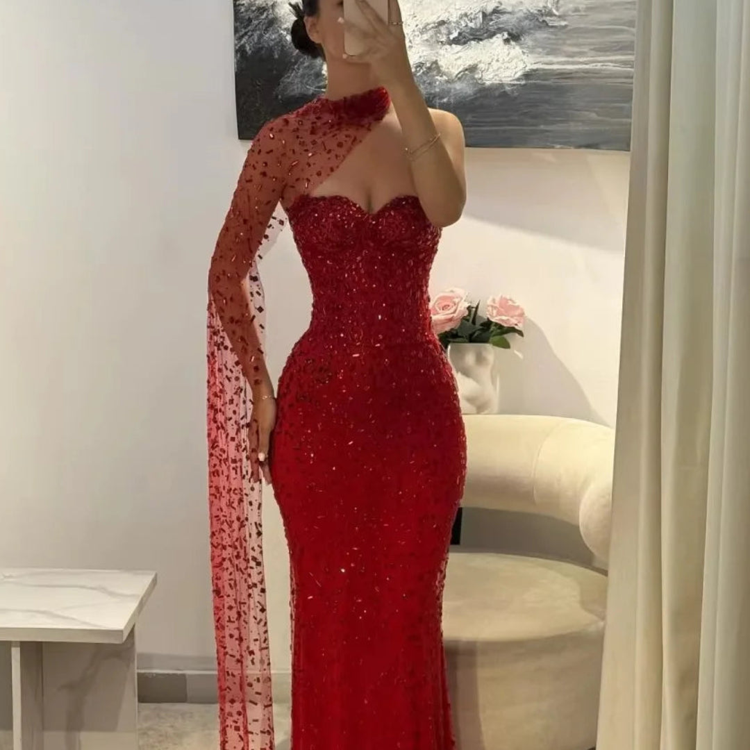 Luxurious Off-Shoulder Prom Dress | Elegant Sweetheart Lace Evening Gown | Classic Floor-Length Ball Dress with Fish-Tail Shawl | Premium Microfiber Sleeveless A-Line Gown with Built-in Bra Luxegan